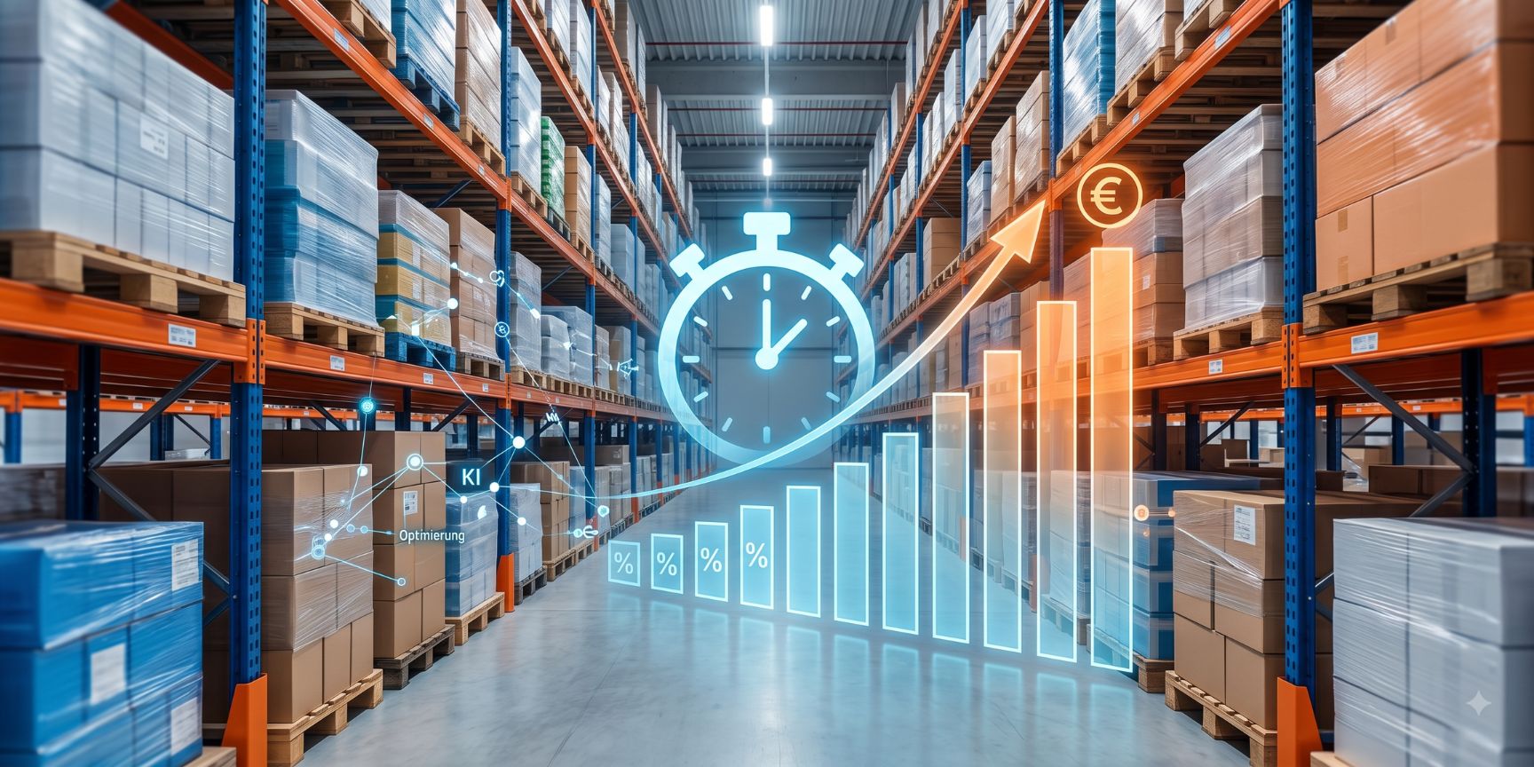 Visualization of storage interest rate and capital commitment in intralogistics through a growing euro interest rate chart and a clock in a high-bay warehouse.